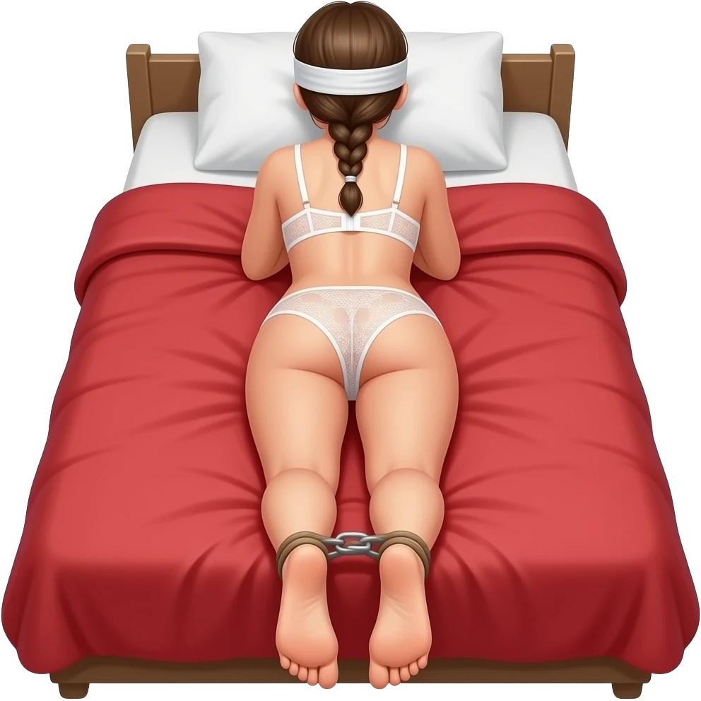 woman in blinfold, in lacy white bra and thong, braided ponytail, laying face down, face down bum up on red bed, with ankles tied emoji