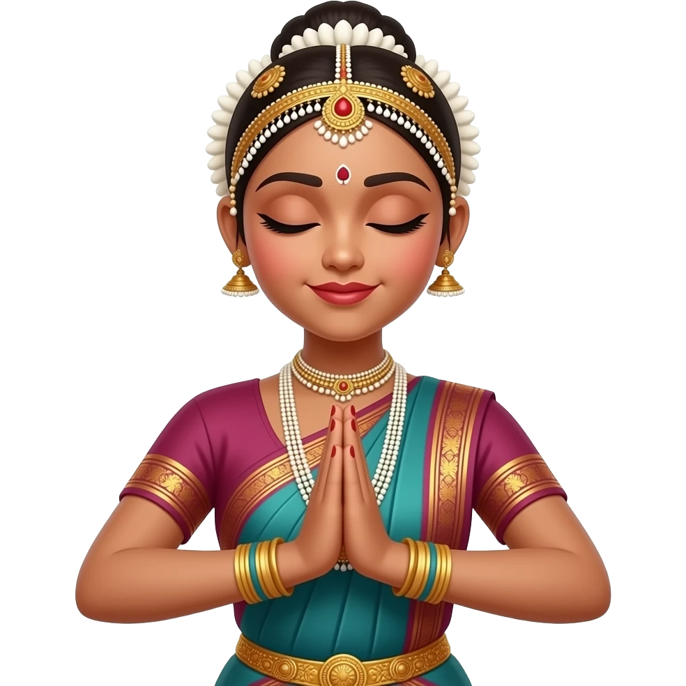 Light brown skin girl in a bharatnataym dress doing pushpanjali emoji