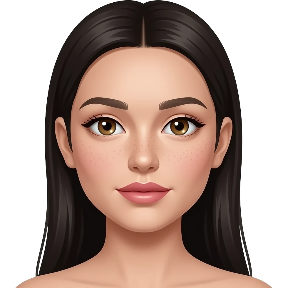 A young woman with fair, dewy skin and oval face. She has large almond-shaped eyes with subtle shimmer and soft eyeliner, natural arched brows, a small straight nose, and full rosy-pink lips. Light freckles are visible across her cheeks and nose. Long dark hair, clean, minimal “glass skin” makeup emoji