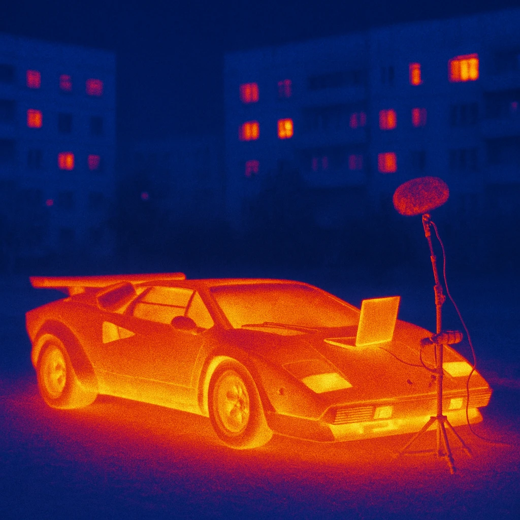 Lamborghini Countach with everything needed for sound recording and a laptop on the hood in a suburban background of Russian panelki with some lit windows emoji