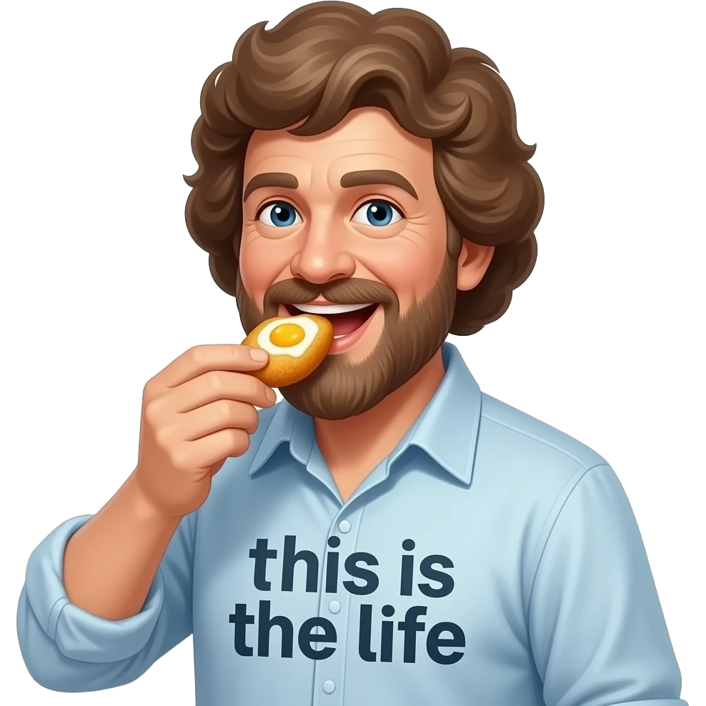 meme format of Bob Ross eating chicken nuggets filled with egg yolks and they explode. His shirt says “this is the life” emoji