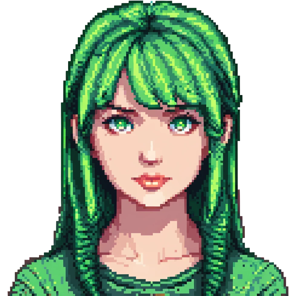 Minecraft pixel art face of Megan, with green hair, straight bangs, green eyes, matching the reference emoji