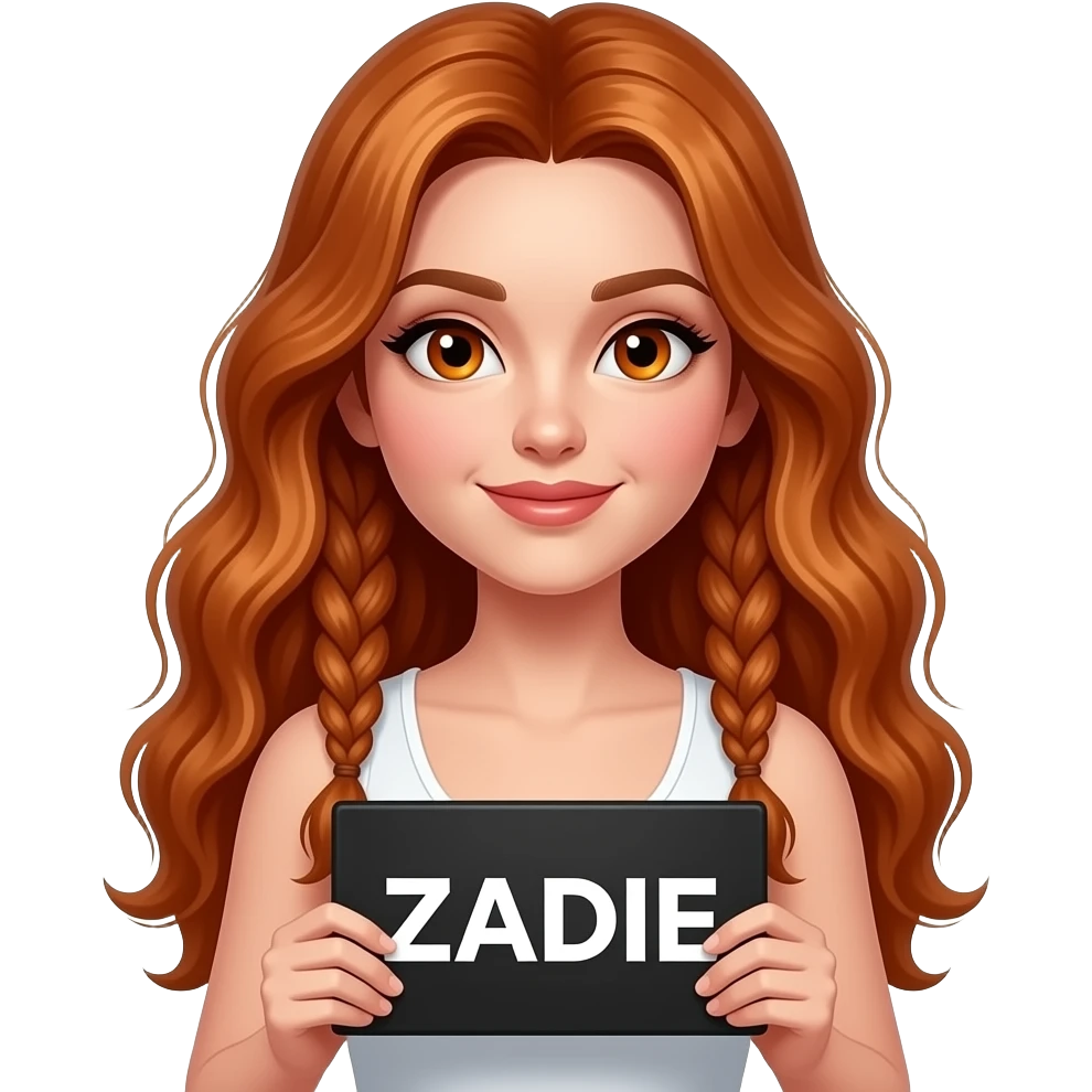 sexy girl with long wavy ginger hair in braids and ginger eyes wearing a white tanktop is holding a black colored sign with ZADIE written on it emoji