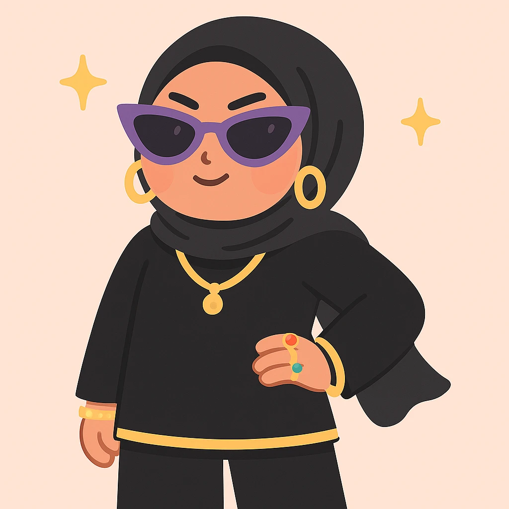 Change the outfit to black or very dark colors while keeping the baddie hijabi style. Show a fierce look with sunglasses, luxury accessories, chic hijab style, high fashion, confident stance, and gold accents. Accessories can stay colorful. emoji