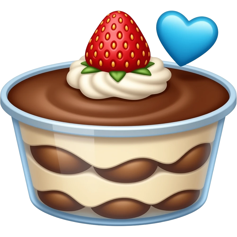 basic cocoa tiramisu with a strawberry in a large container and with 🩵 emoji