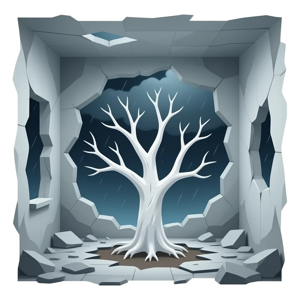 surrealistic - white bare haunted tree grows in a damaged room emoji