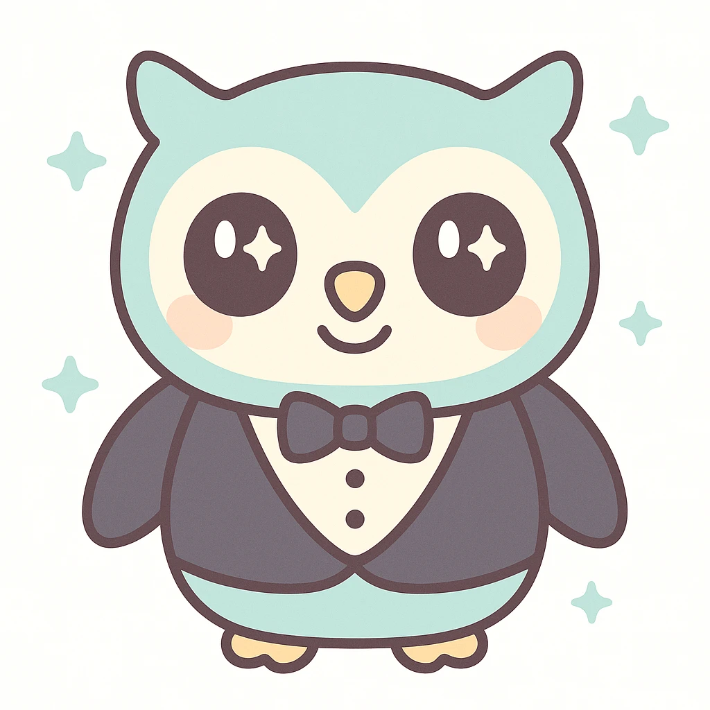 a friendly owl wearing a tuxedo, looking helpful, kawaii style emoji