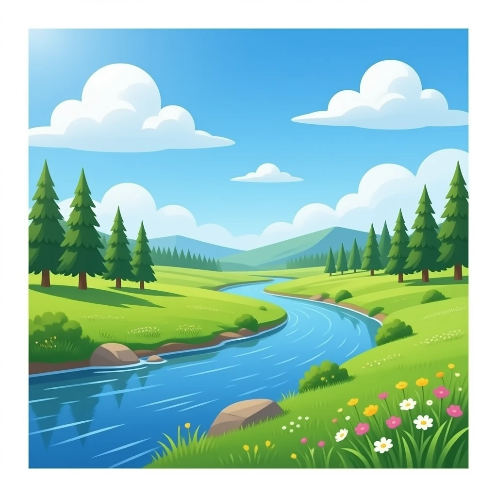 un campo realista con un rio emoji