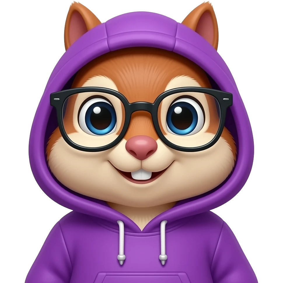 chipmunk vibrant purple hoodie and glasses close up with half body emoji