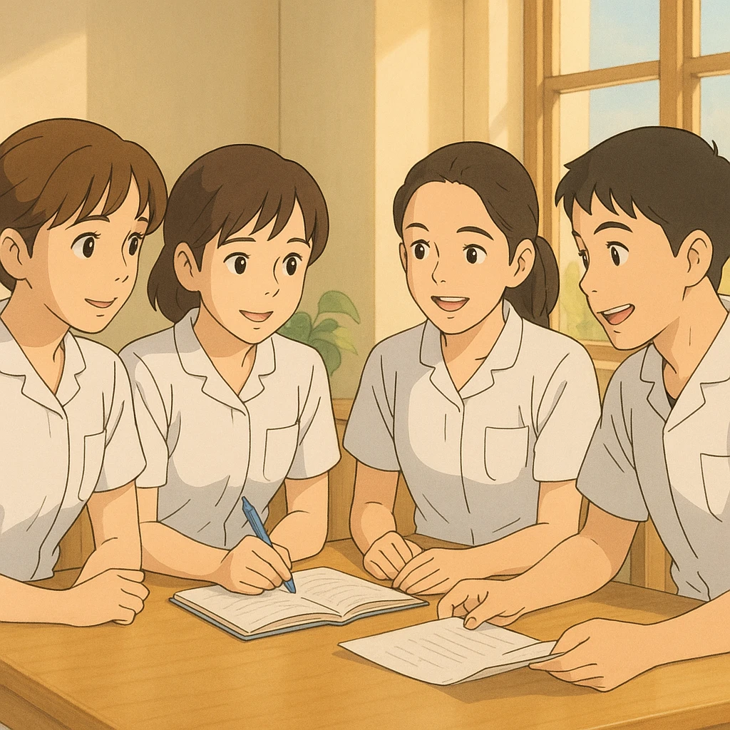 Quatre étudiants infirmiers en intérieur lumineux, style Ghibli, travaillant en collaboration et en interaction. Uniformes blancs à manches courtes, tuniques médicales col en V, poche poitrine à gauche, pas de pied de col, pas de stéthoscopes, avant-bras nus, cheveux longs attachés pour celles qui en ont. Inspirés des quatre visages fournis. emoji
