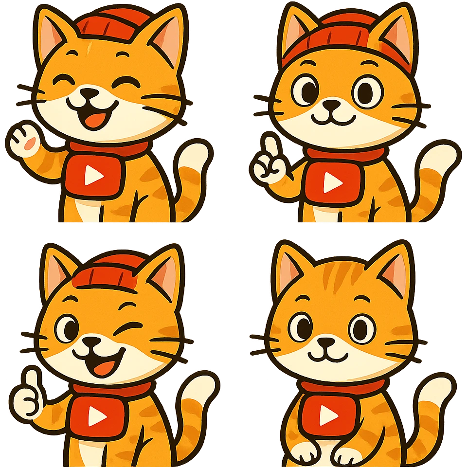 a playful and recognizable cat styled as a YouTube mascot, four variations emoji