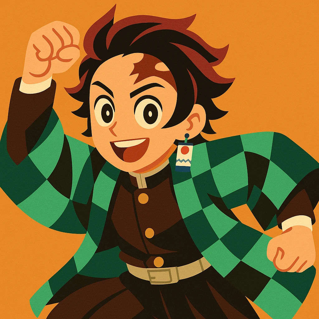 Tanjiro Kamado, vibrant toon style, green checkered haori, hanafuda earrings, short black hair with burgundy tips, energetic pose emoji