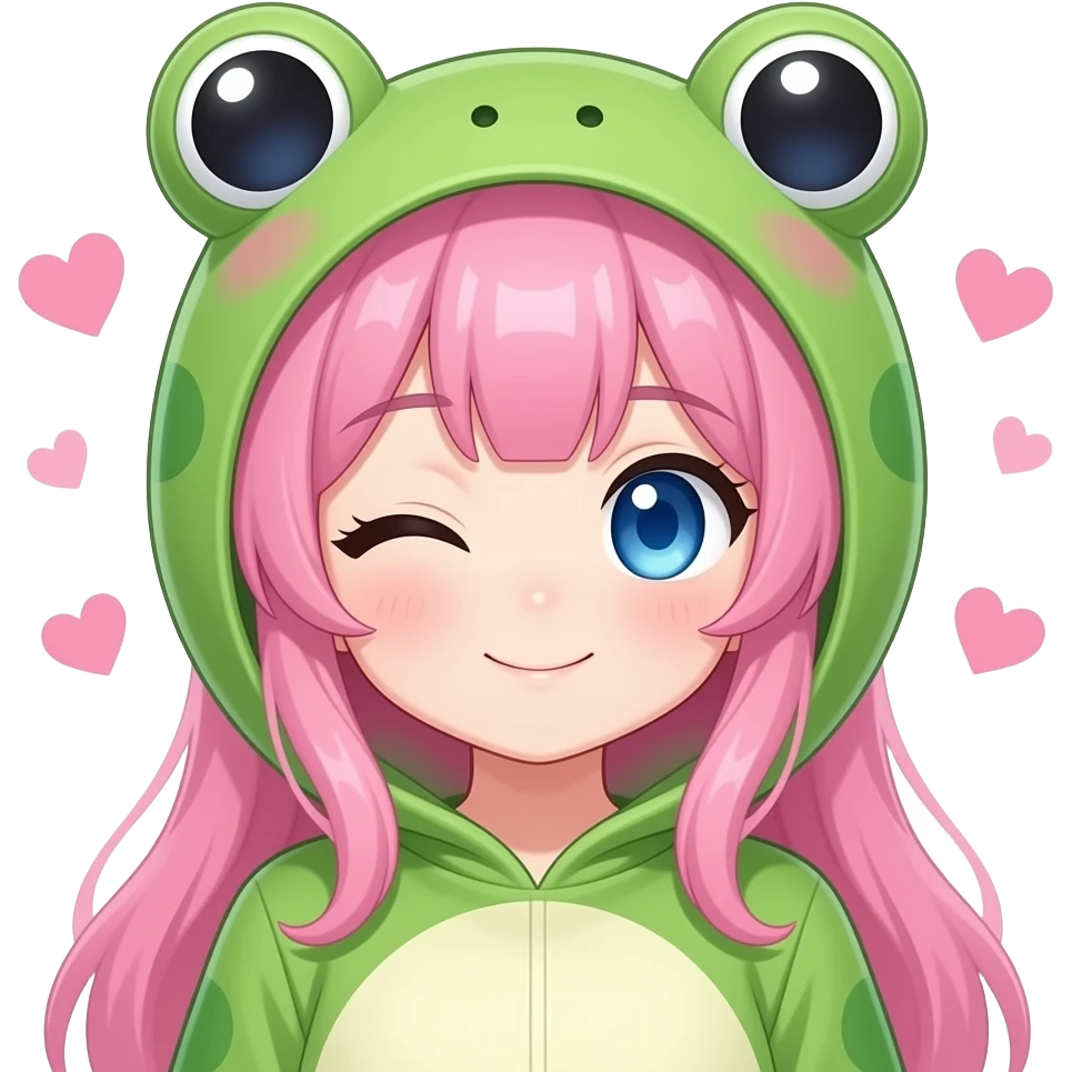 Anime girl with blue eyes, wearing a pink kawaii frog costume on, Winking, with hearts around the head emoji