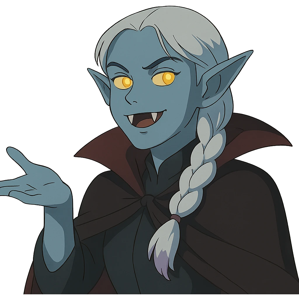 1 female, single long white braid with lavender tips. Vampire with blue skin and glowing gold yellow eyes. Meme pose emoji