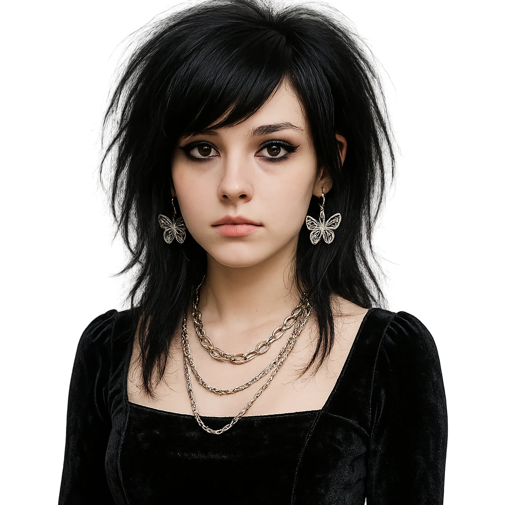 emo girl with heart-shaped face, velvet dress, silver chains, butterfly earrings emoji