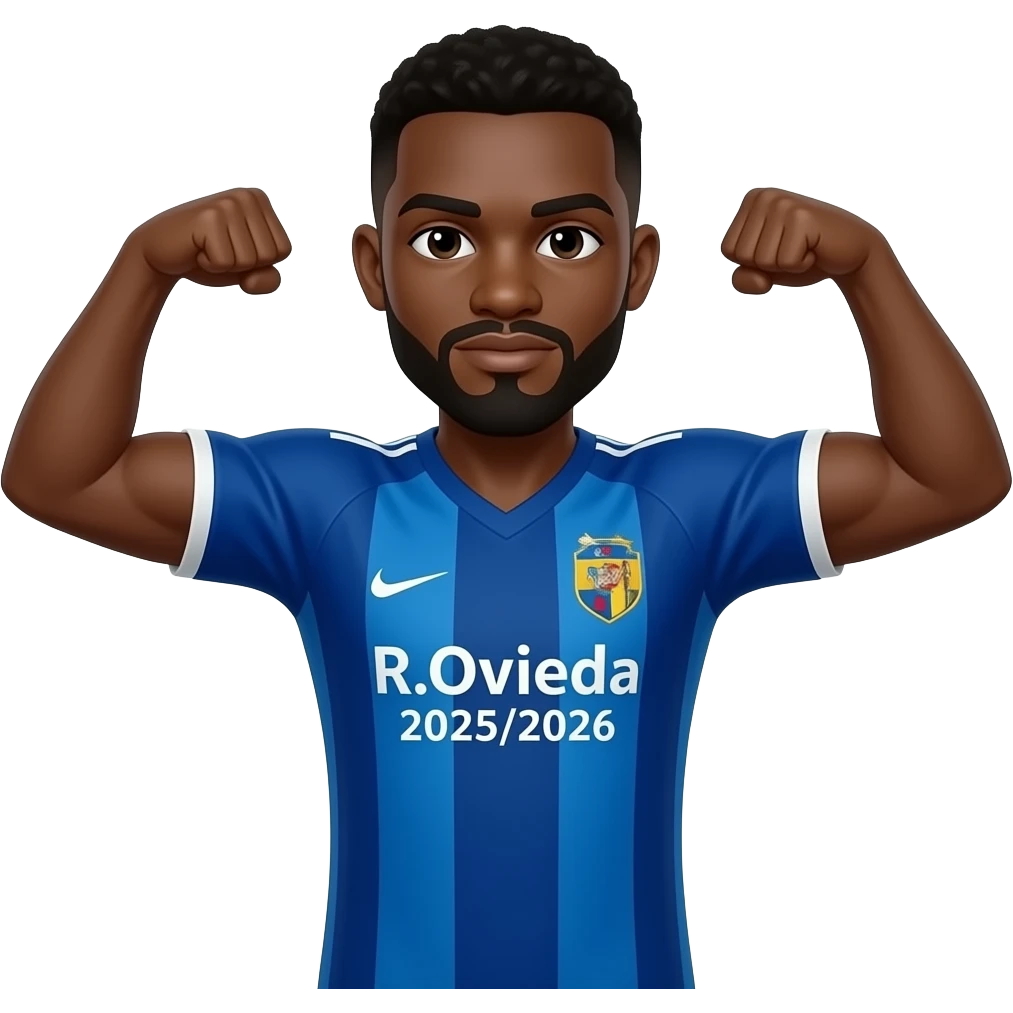 Black man with goatee double arm flex wearing a blue R.Oviedo 2025/2026 home kit emoji