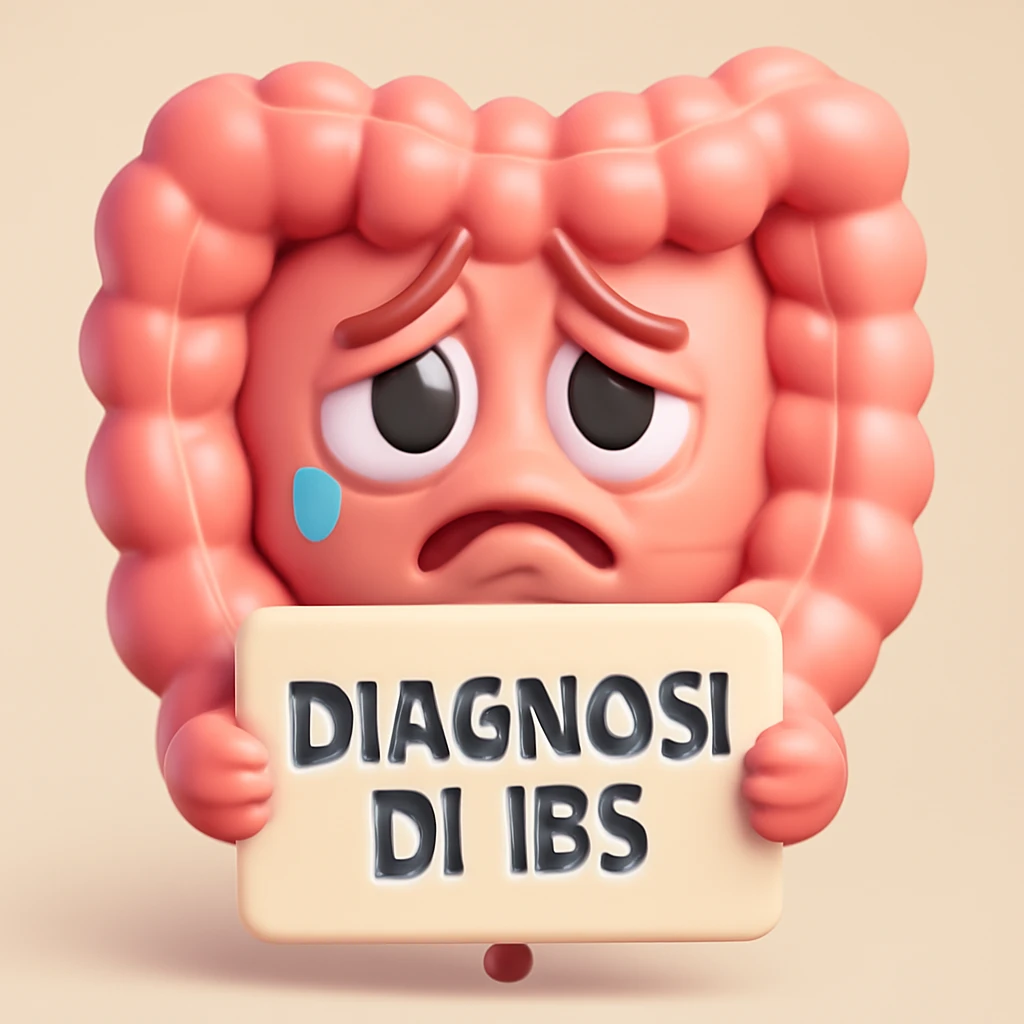 emoji stile iphone 3d di un intestino triste con espressione dolorante e un foglio in mano con la scritta "DIAGNOSI DI IBS", ESPRESSIONE TRISTE E DOLORANTE IN VOLTO, MOSTRA ANCHE LA PARTE BIANCA DEGLI OCCHI, NON SOLO LA PUPILLA emoji