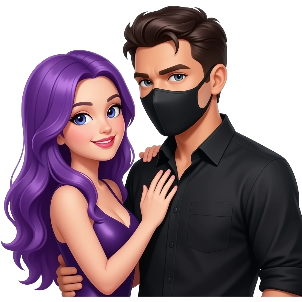 sexy girl with long purple hair and purple is flirting with an attractive man in black clothes and black mask emoji