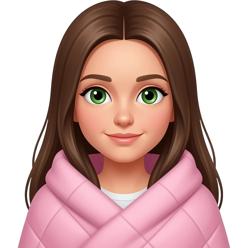 white girl with grean eyes and long brown straight hair wrapped in a pink blanket emoji