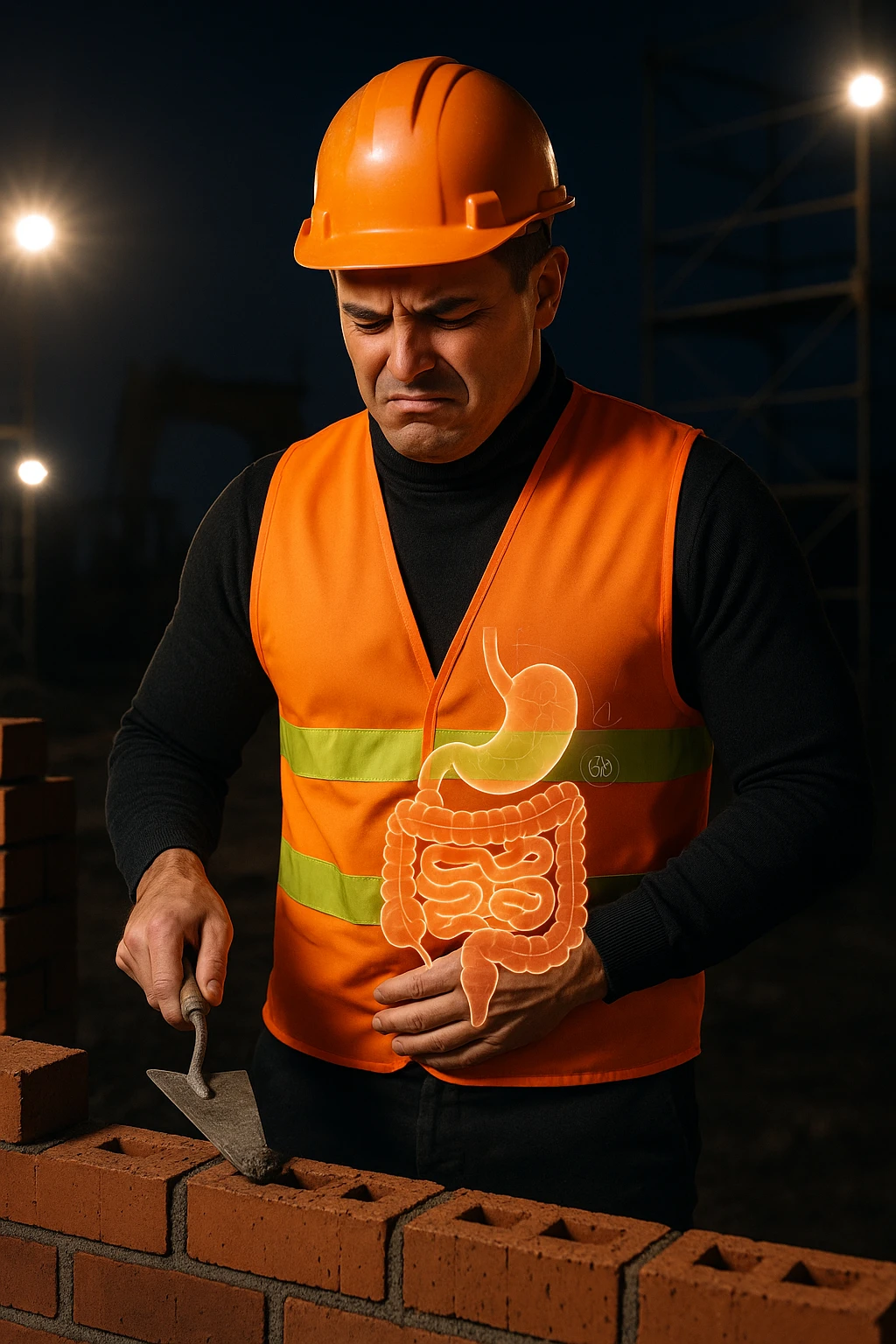 a construction worker in a reflective vest and hard hat is laying bricks at a nighttime construction site, illuminated by strong work lights. He pauses, one hand on his abdomen with a pained or uncomfortable expression, while the other holds a trowel. In the background, scaffolding and machinery are visible under the night sky. Subtle icons or overlays highlight digestive organs, suggesting the need for intestinal balance. emoji