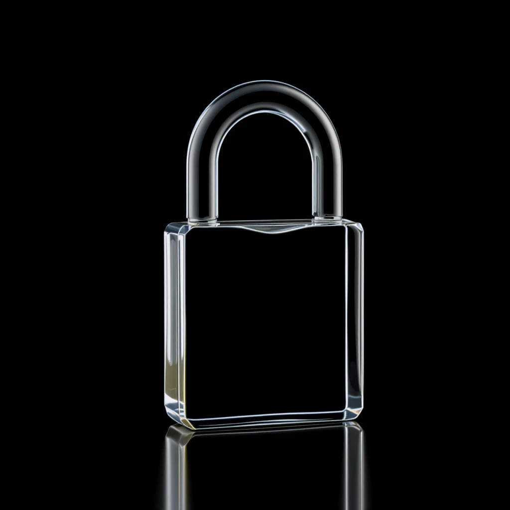 Photo of a 3d made of glass padlock, black void around symmetrical 3d render, rim light emoji