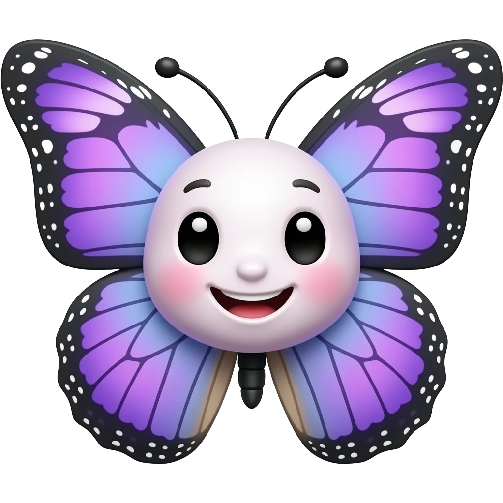 Милая озорная мордочка бабочки с фиолетовыми крыльями, смотрит вправо, улыбается emoji