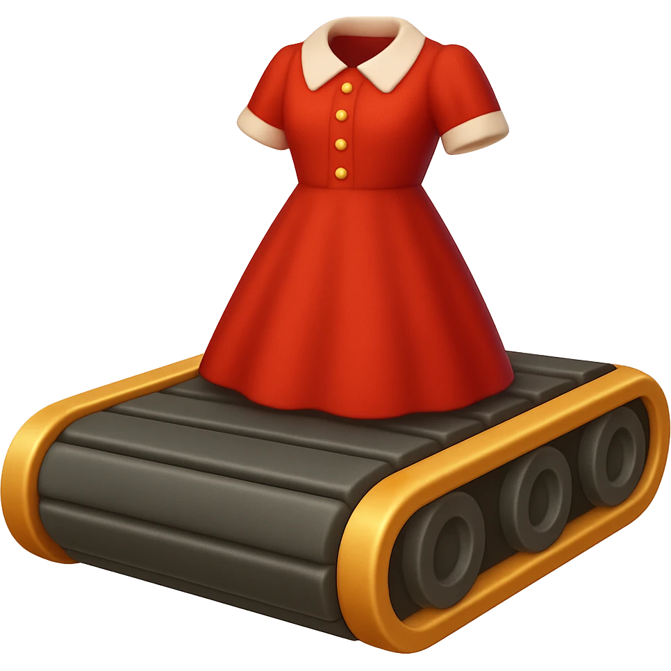 Сгенерируй мне детализированный емодзи, конвеер на котором лежит советское платье, на пнг фоне без фона. В СТИЛЕ ЕМОДЗИ ЭПЛ! emoji
