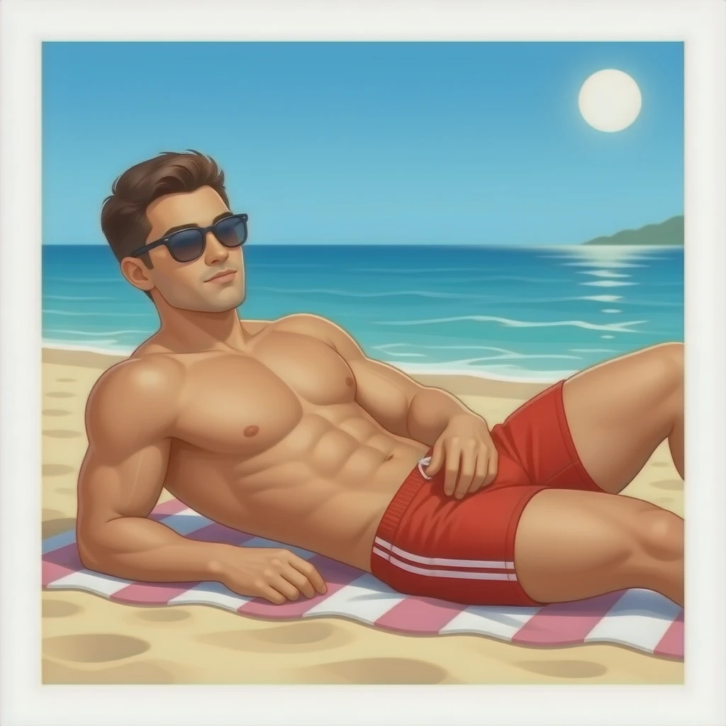 Erstelle ein Bild von einem Strand, mit im Bild ist ein muskulöser Mann zusehen der sich im liegen sonnt, er trägt rote enge speedo und Oberkörper frei und trägt eine Sonnenbrille emoji