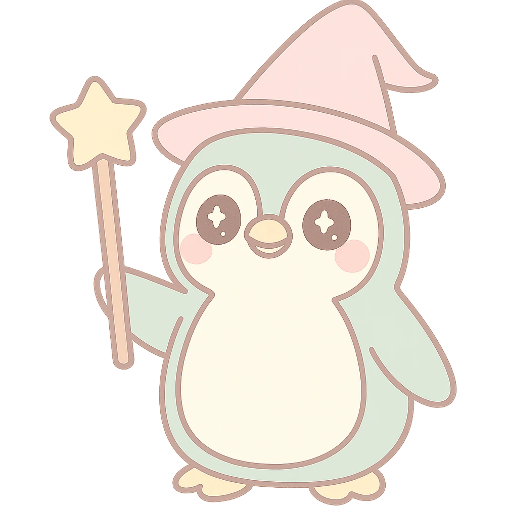 cute and whimsical penguin dressed as a wizard with a pointed hat and magic staff emoji