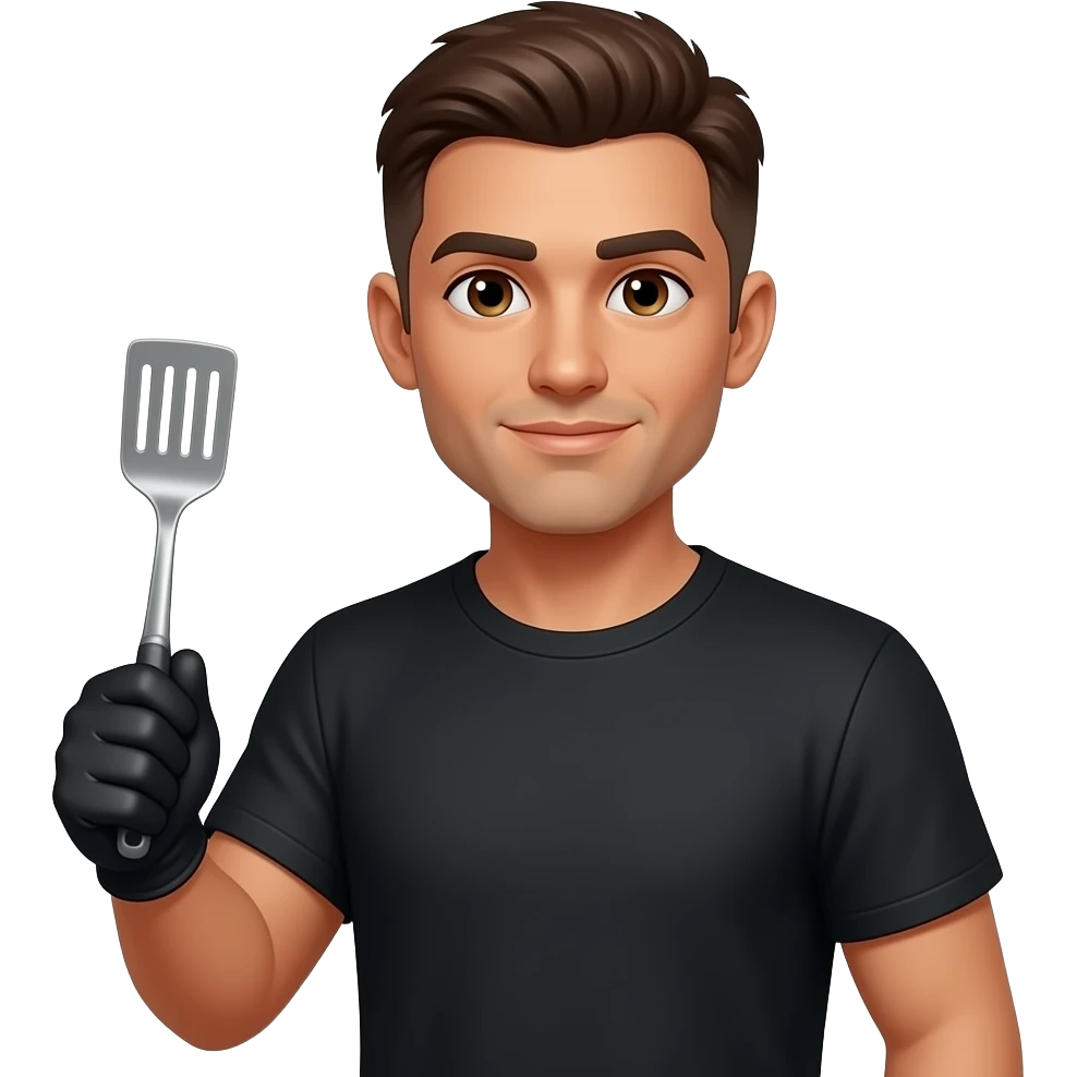 Olive skin male, with short 3a hair, with almond eyes, black T-shirt, black gloves, cooking emoji emoji