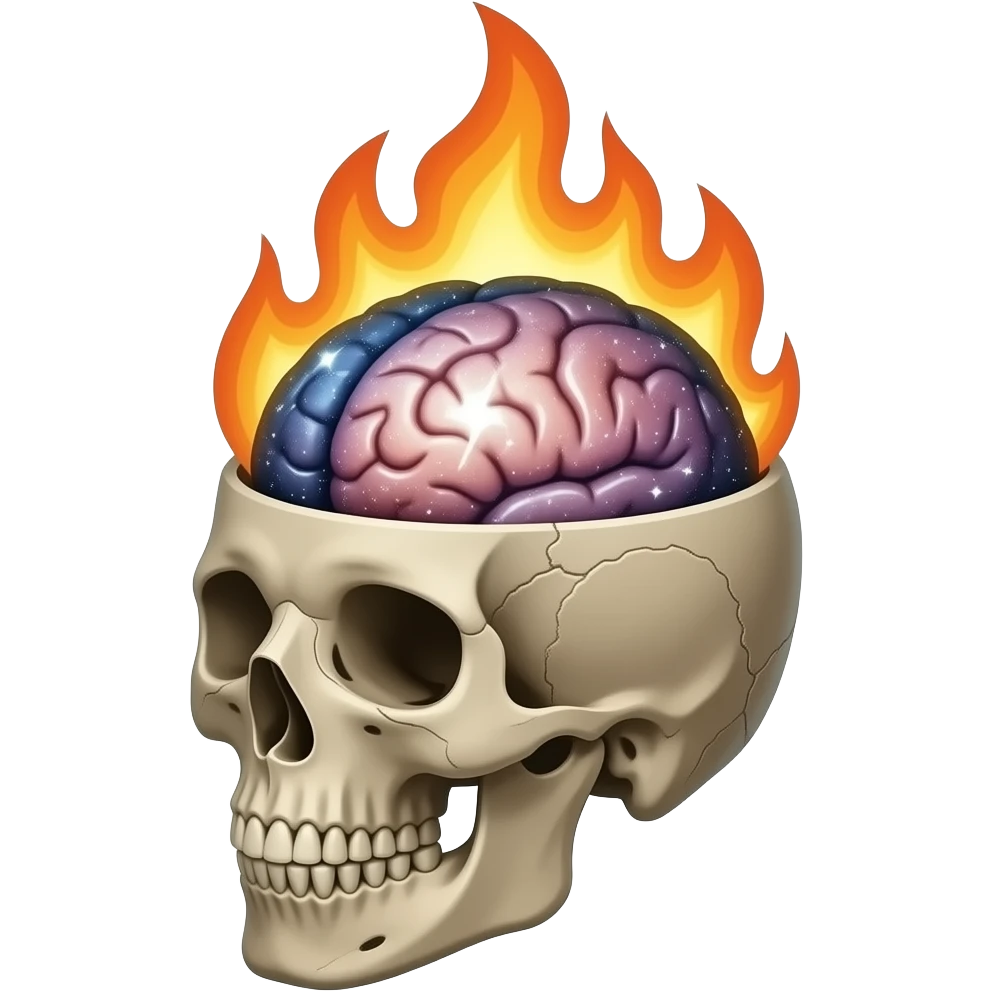 emoji skull open head brain explosion galaxy above fire glossy 3D white background emoji