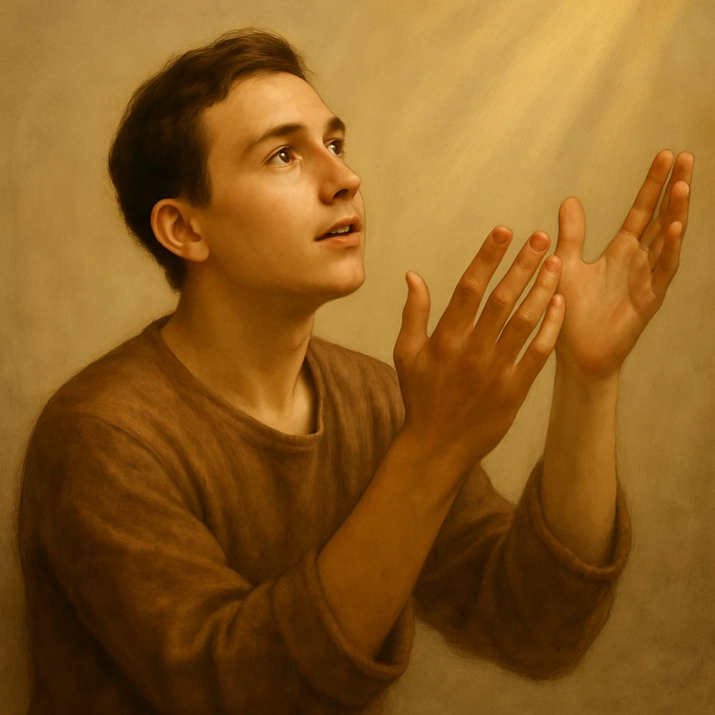 Remove the beard and make the man look 20 years old, keep the praying pose and peaceful expression, maintain the original style and appearance. emoji