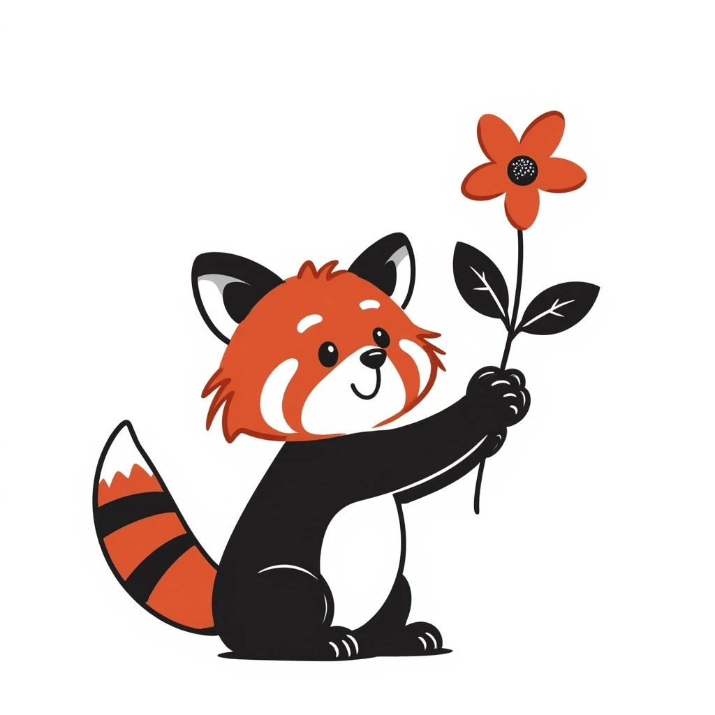 A red panda holding a small flower, clean lines emoji