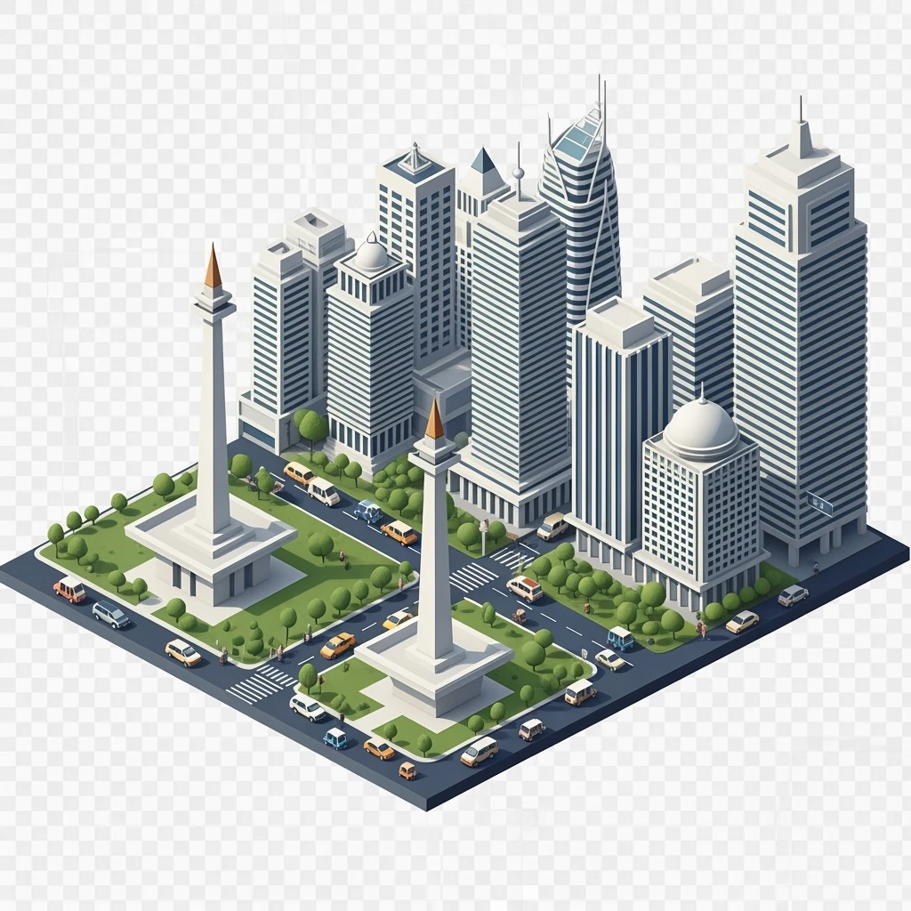 Isometric minimalistic illustration of Jakarta Monas (National Monument), Istiqlal Mosque, skyscrapers of Sudirman CBD, bustling streets with traffic and tuk-tuks, subtle 3D miniature effect and Tilt Shift effect, no cartoonish look, transparent background. emoji