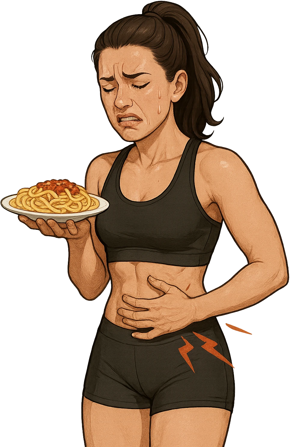 DONNA FITNESS CON PIATTO DI PASTA IN MANO E MAL DI PANCIA, FA FATICA A DIGERIRE emoji