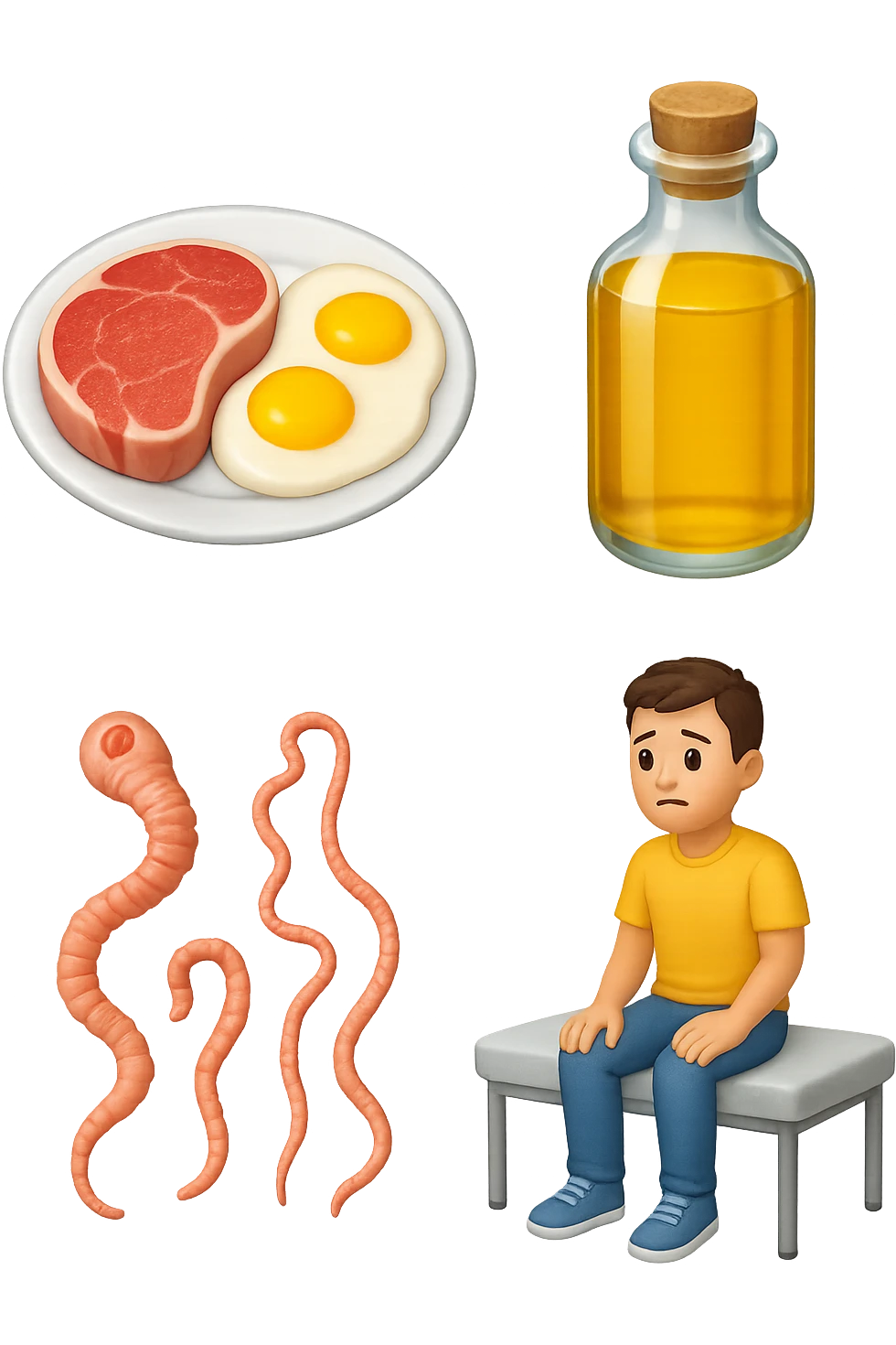 emoji stile iphone di UN PIATTO CON CARNE ROSSA E UOVA, UNA BOTTIGLIA DI OLIO DI SEMI, DUE PARASSITI TIPO LA TENIA, UOMO SEDUTO SU UN LETTINO DA FISIOTERAPISTA, IPERREALISTICO 4K emoji