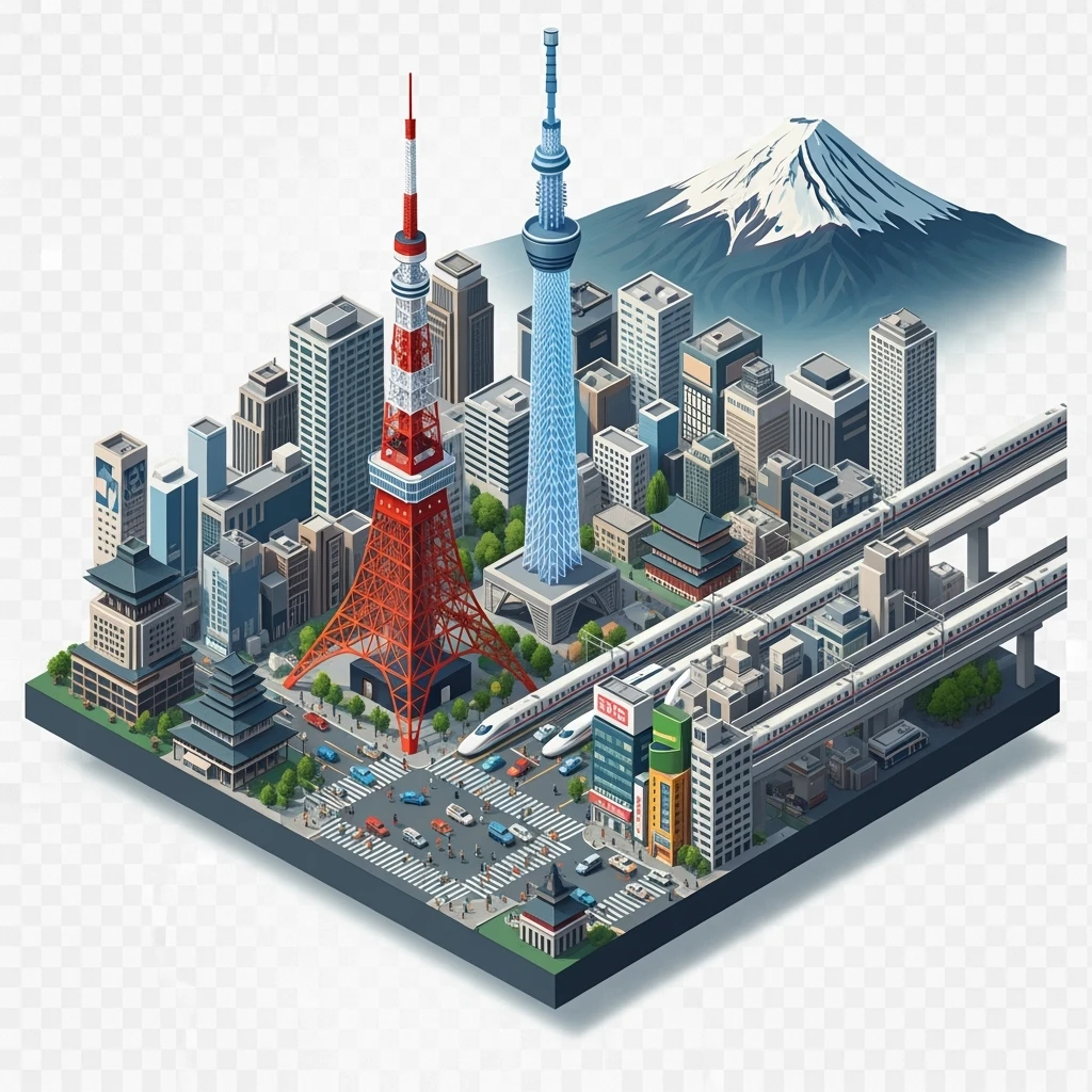 Isometric illustration of Tokyo, with Tokyo Tower, Skytree, Shibuya Crossing, Mount Fuji in background, high-speed trains, subtle 3D miniature effect and Tilt Shift effect, no cartoonish look, transparent background. emoji