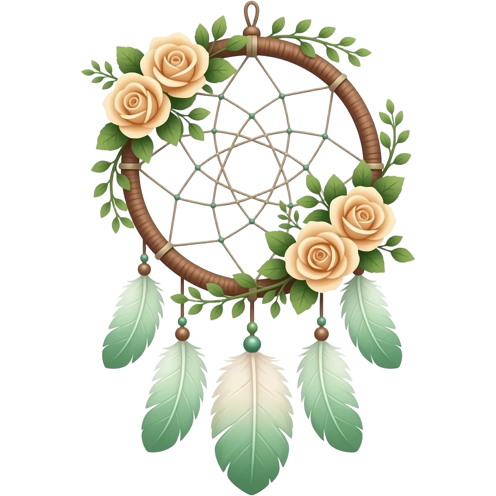 Cute dainty neat Pastel Green-white-brownish-beige-gradients dreamcatcher, pastel colors, whitish, light, green academia aesthetic, mossy, with green vines and beige roses emoji