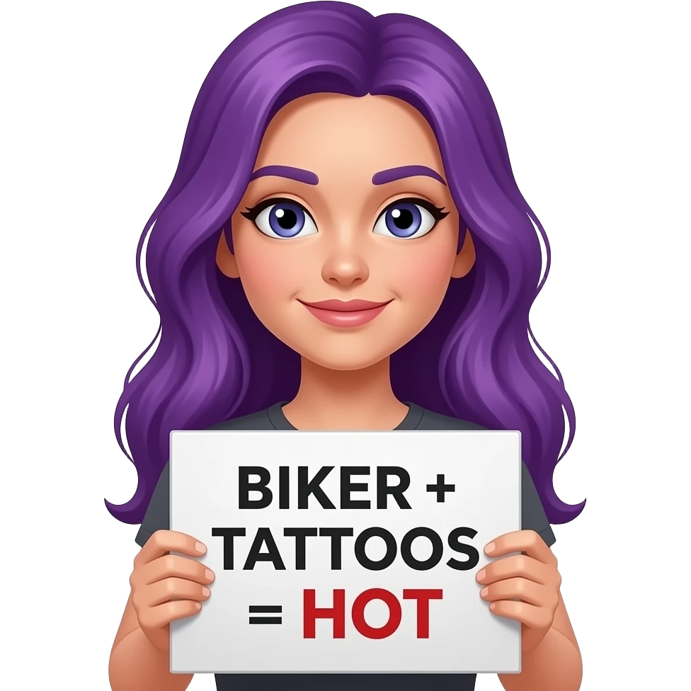 girl with long purple hair holding a BIKER + TATTOOS = HOT sign emoji