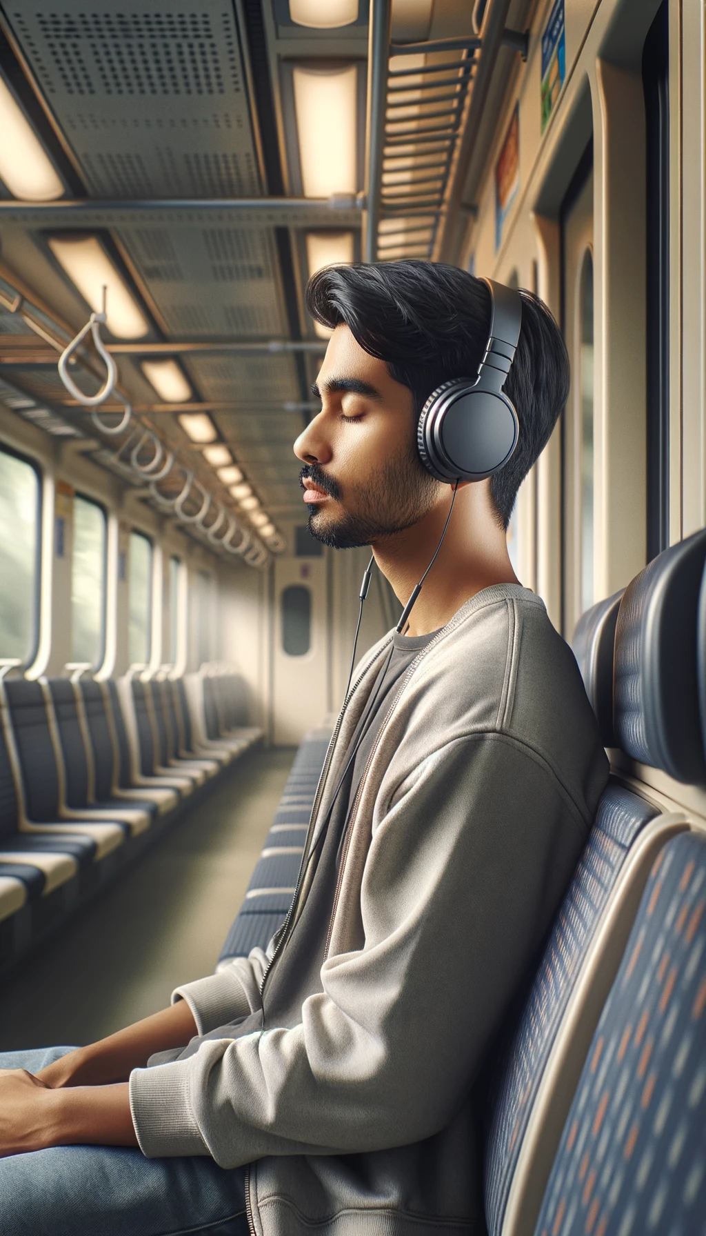 UOMO che ASCOLTA MUSICA CON LE CUFFIETTE NELLE ORECCHIE E GLI OCCHI CHIUSI SEDUTO SUL SEDILE DI UN TRENO, sullo sfondo L'INTERNO DELLA CABINA DI UN TRENO con toni chiari neutri, iperrealistico 4k emoji
