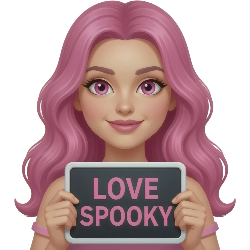 sexy girl with long pink hair and pink eyes wearing a holding a LOVE SPOOKY sign emoji