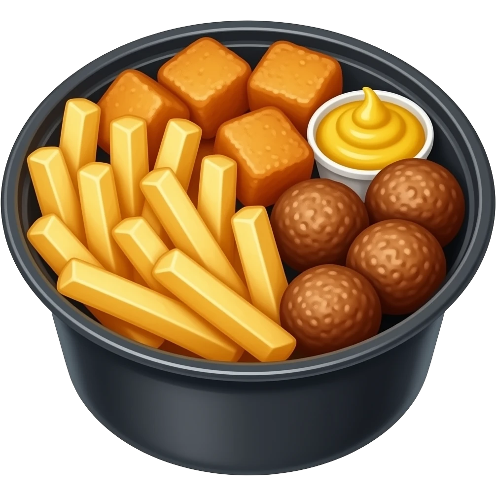 french fry and chicken cubes and meatballs all mixed together with mustard sauce in a black round plastic box. Its called a loaded box emoji