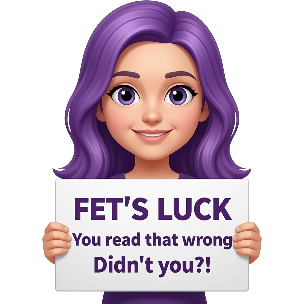 girl with long purple hair holding a FET'S LUCK You read that wrong Didn't you?! sign emoji