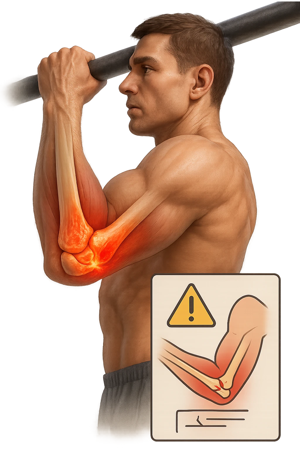 3D, vertical anatomical visualization: close-up of a man’s elbow during a pull-up, with the internal anatomy visible. A clear rupture or lesion is shown in the tendon or ligament, colored in red and orange. Swelling and inflammation are depicted around the joint. A warning icon and a small infographic explain the mechanism of injury. emoji