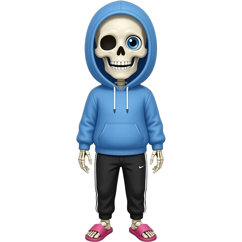 Sans the skeleton, blue hoodie, a grin, right eye is blue, black jogging pants, pink slippers emoji