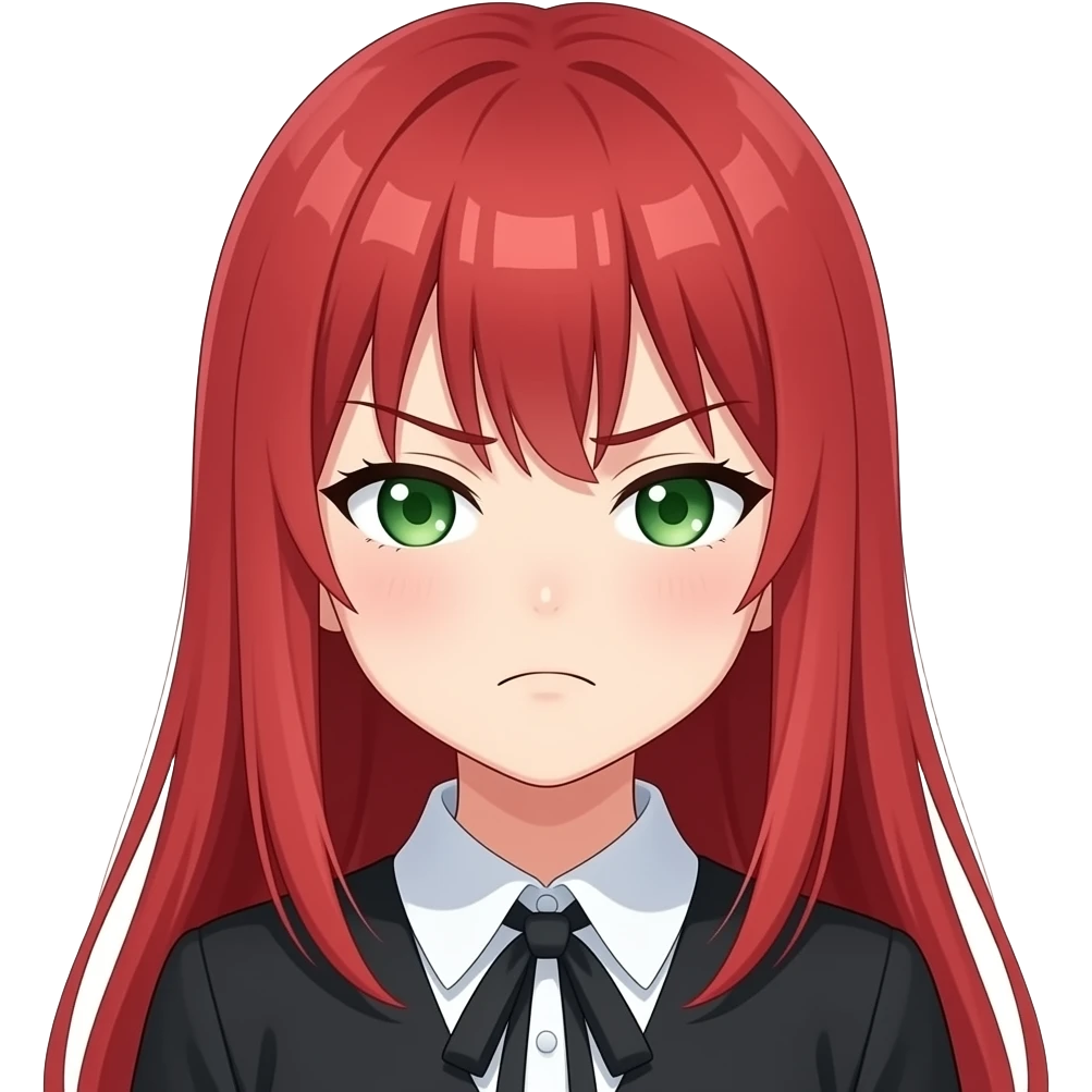 anime eyes half closed and frowning long red hair green eyes black blouse with white collar emoji