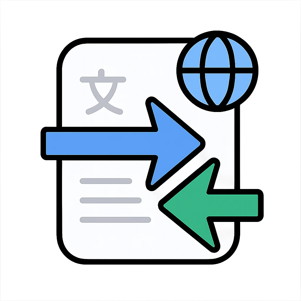 clean minimalist icon of a white rounded paper sheet with subtle horizontal lines or faint glyphs suggesting multilingual text, tiny globe overlay at the top right corner, two bold intersecting arrows from sides, left-to-right arrow in deep blue #2E5FFF, right-to-left arrow in vibrant green #00C781, professional and minimalist style suitable for translation tools emoji