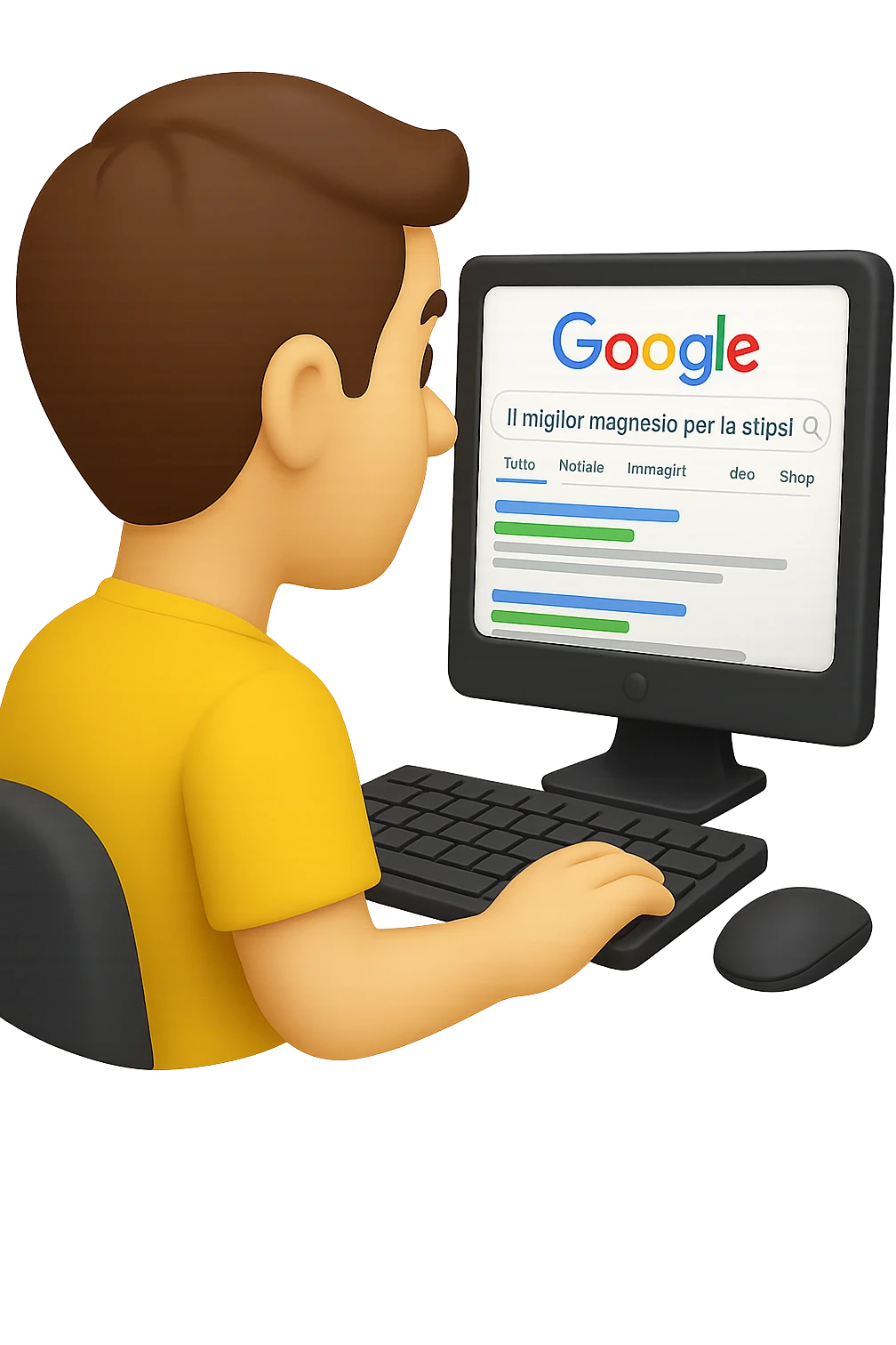 emoji stile iphone di un uomo davanti al pc che cerca di google: "Il miglior magnesio per la stipsi", iperrealistico 4k emoji