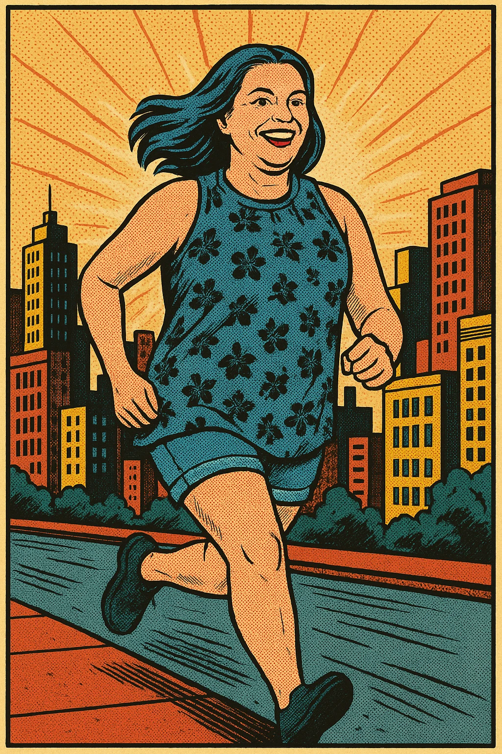 Woman with blue hair running in a city emoji
