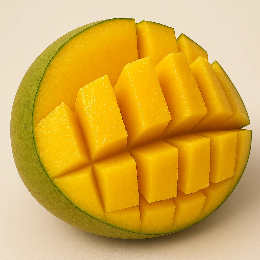 cross section of a mango sliced into pieces, showing juicy yellow-orange flesh and green-yellow skin, clear separation between slices, simple background emoji